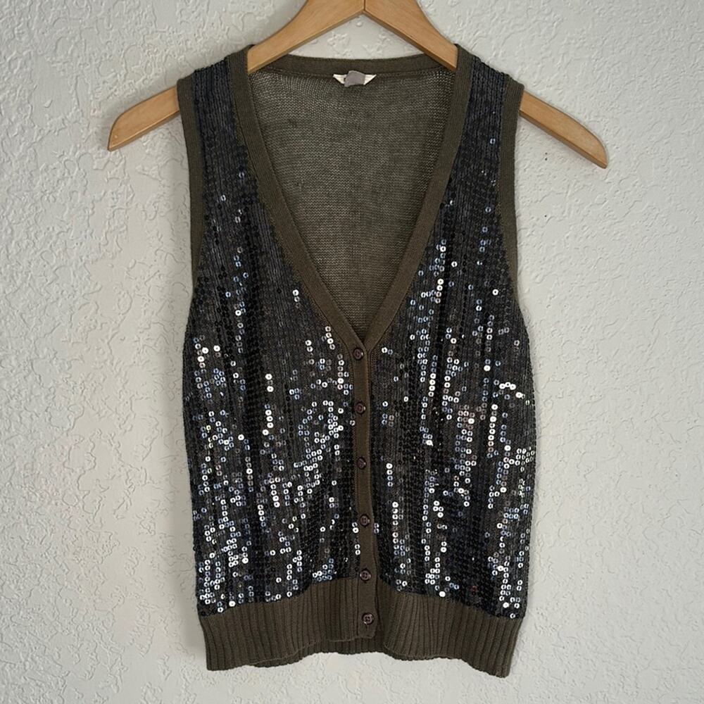 Vintage Fossil Olive Green Vest Button Up Sequin Festival Boho Indie Stagecoach